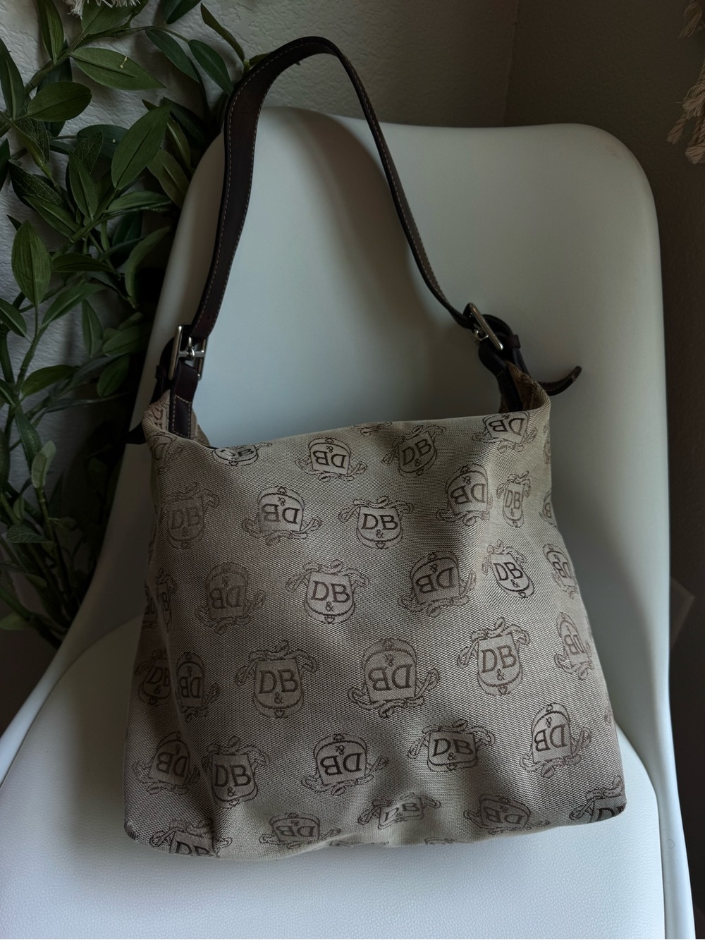 Dooney & Bourke DB Monogram Hobo Shoulder Bag Brown Leather Y2K Vintage J960760